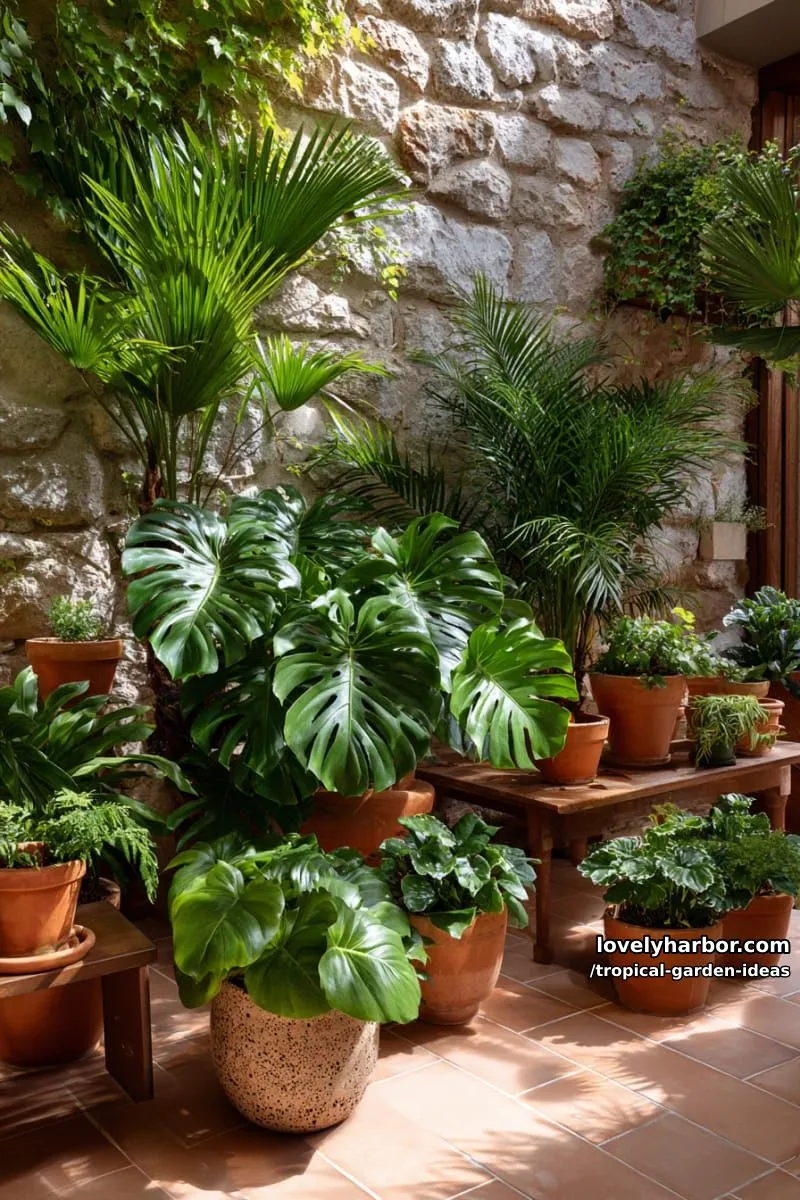 patio corner filled with potted tropical plants and lush green leaves. 1