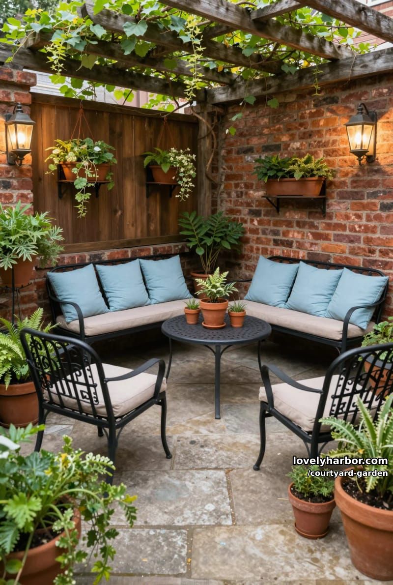 patio garden with brick walls, pergola, lush planters, and ambient lighting 1