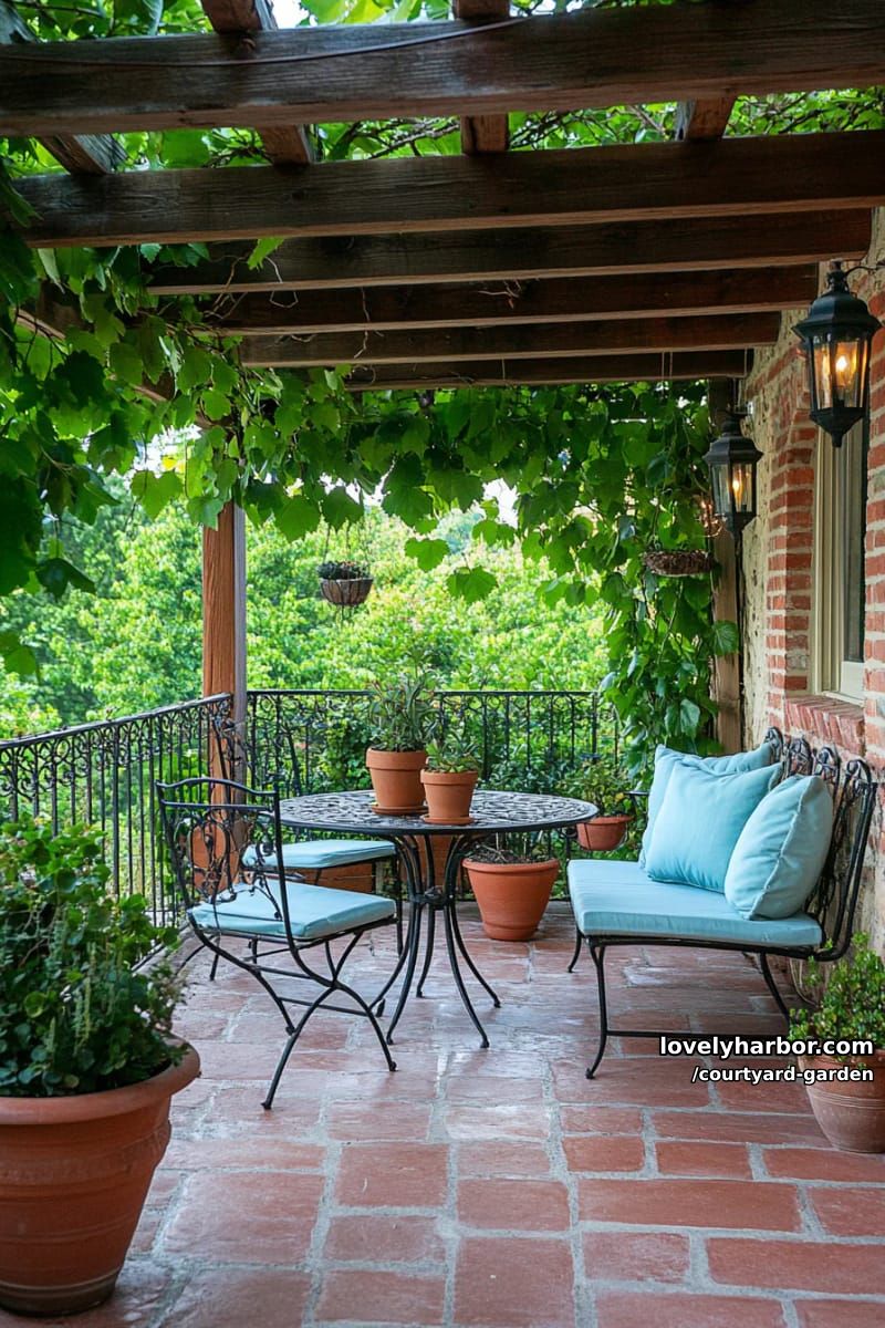 patio garden with brick walls, pergola, lush planters, and ambient lighting 1