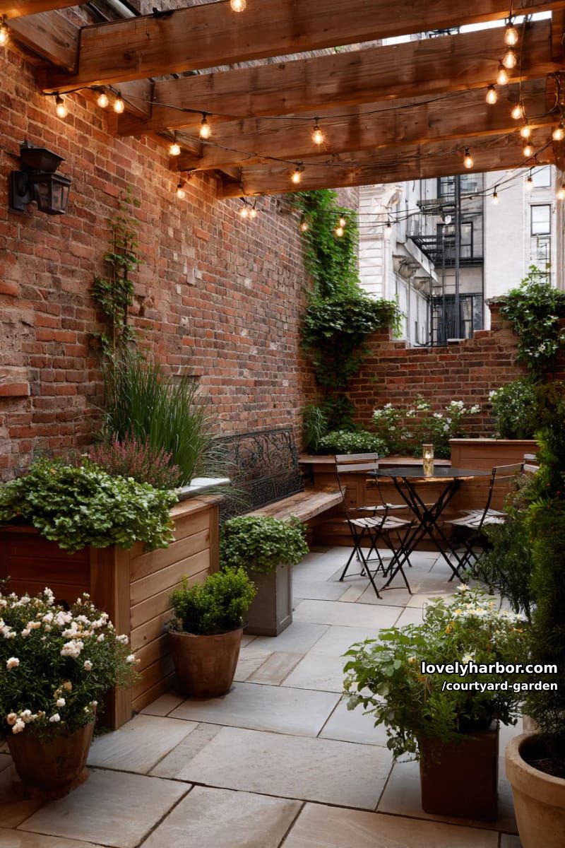 patio garden with brick walls, pergola, lush planters, and ambient lighting 1