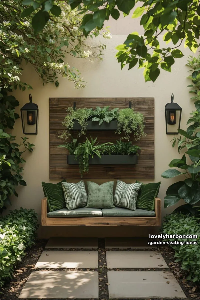 patio nook with floating bench, green cushions, wall planters, and lanterns 1