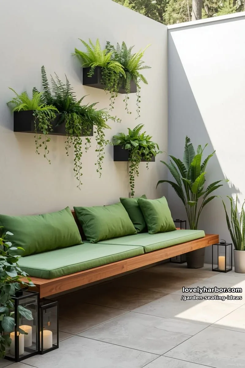 patio nook with floating bench, green cushions, wall planters, and lanterns 1