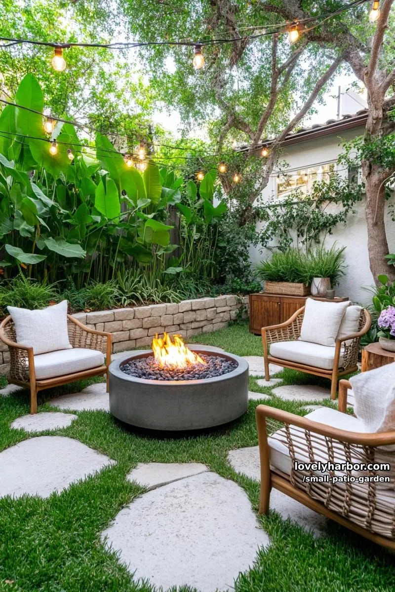 patio with concrete tiles, grass tufts, fire pit, stone wall, and dense foliage. 1