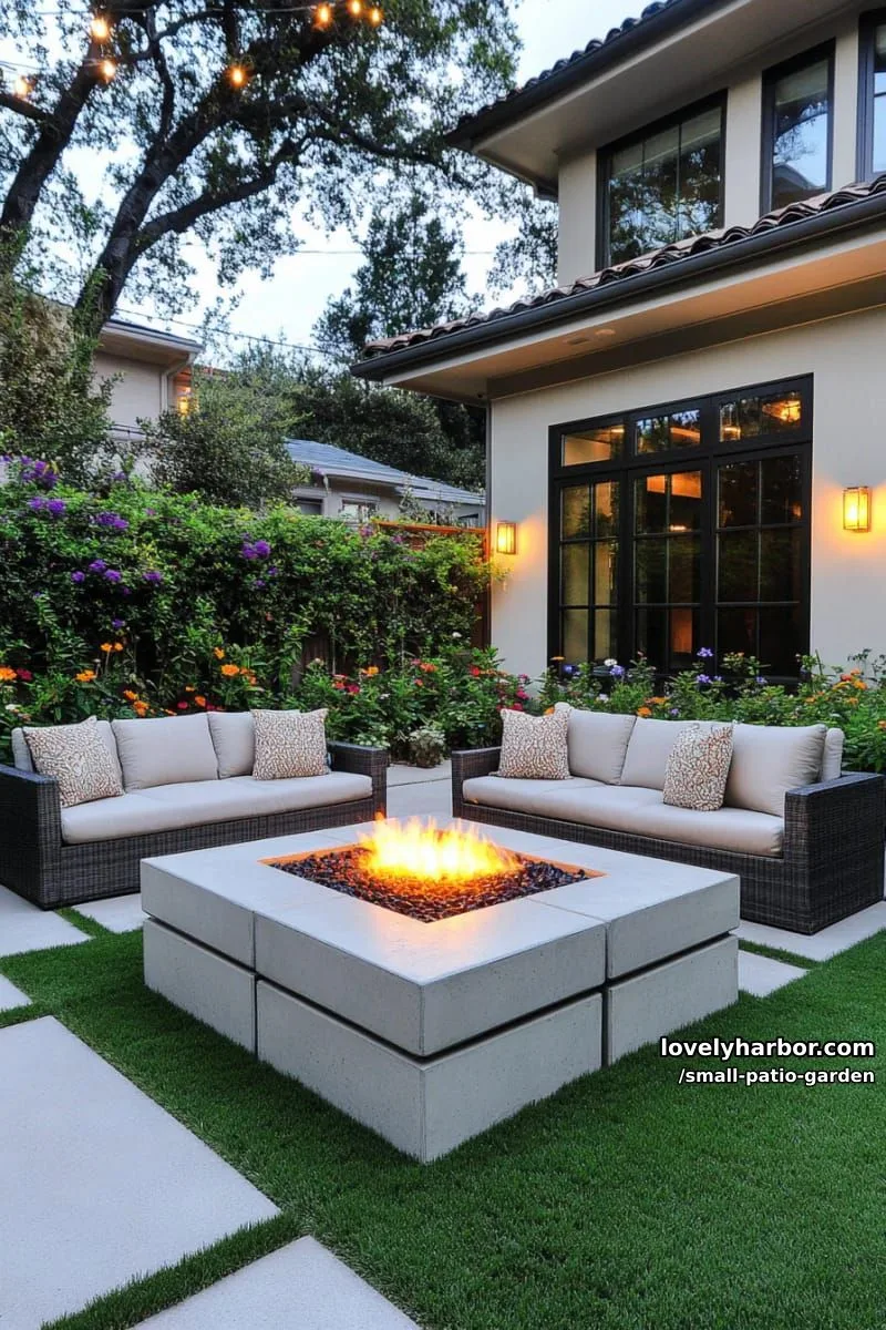 patio with concrete tiles, grass tufts, fire pit, stone wall, and dense foliage. 1