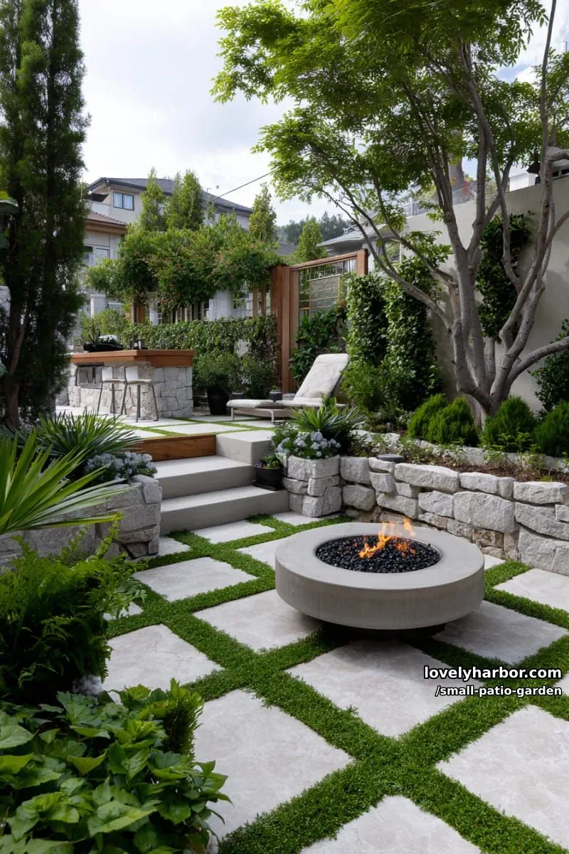 patio with concrete tiles, grass tufts, fire pit, stone wall, and dense foliage. 1