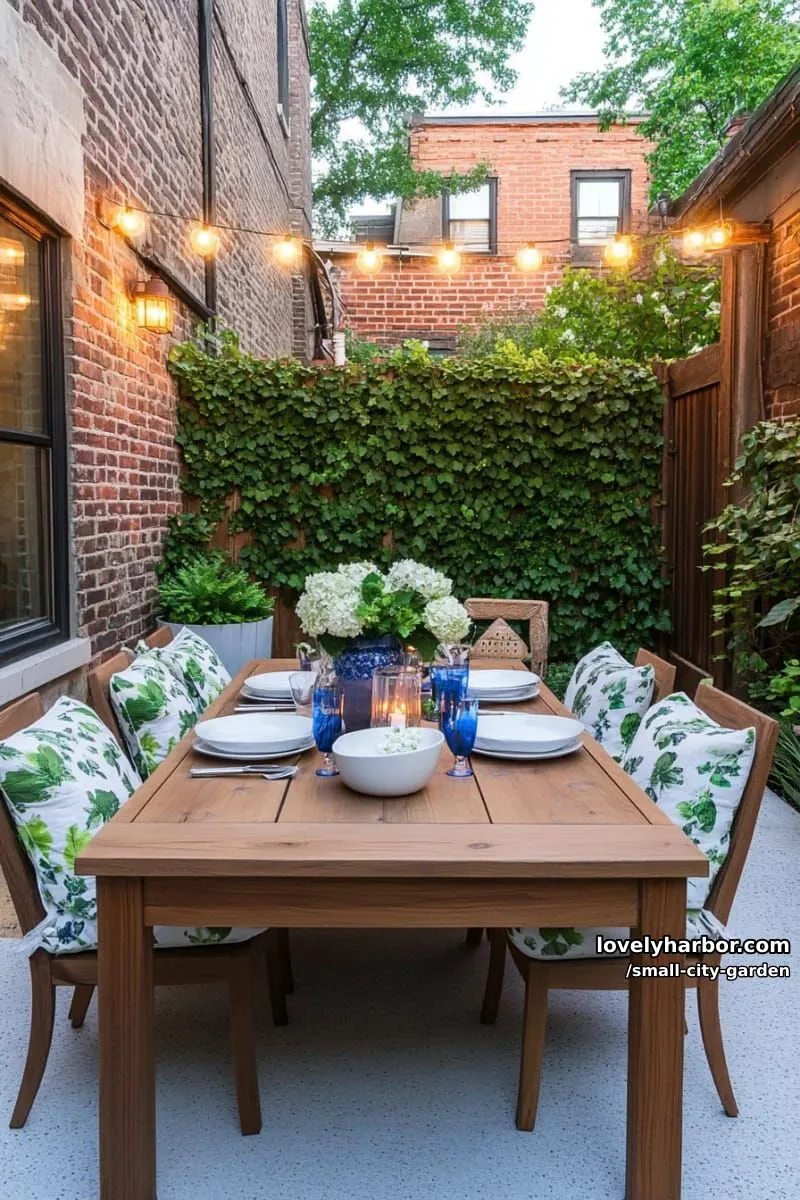 20 Small City Garden To Transform Your Space 50 patio with string lights, wooden table, climbing plants, and botanical cushions. 1