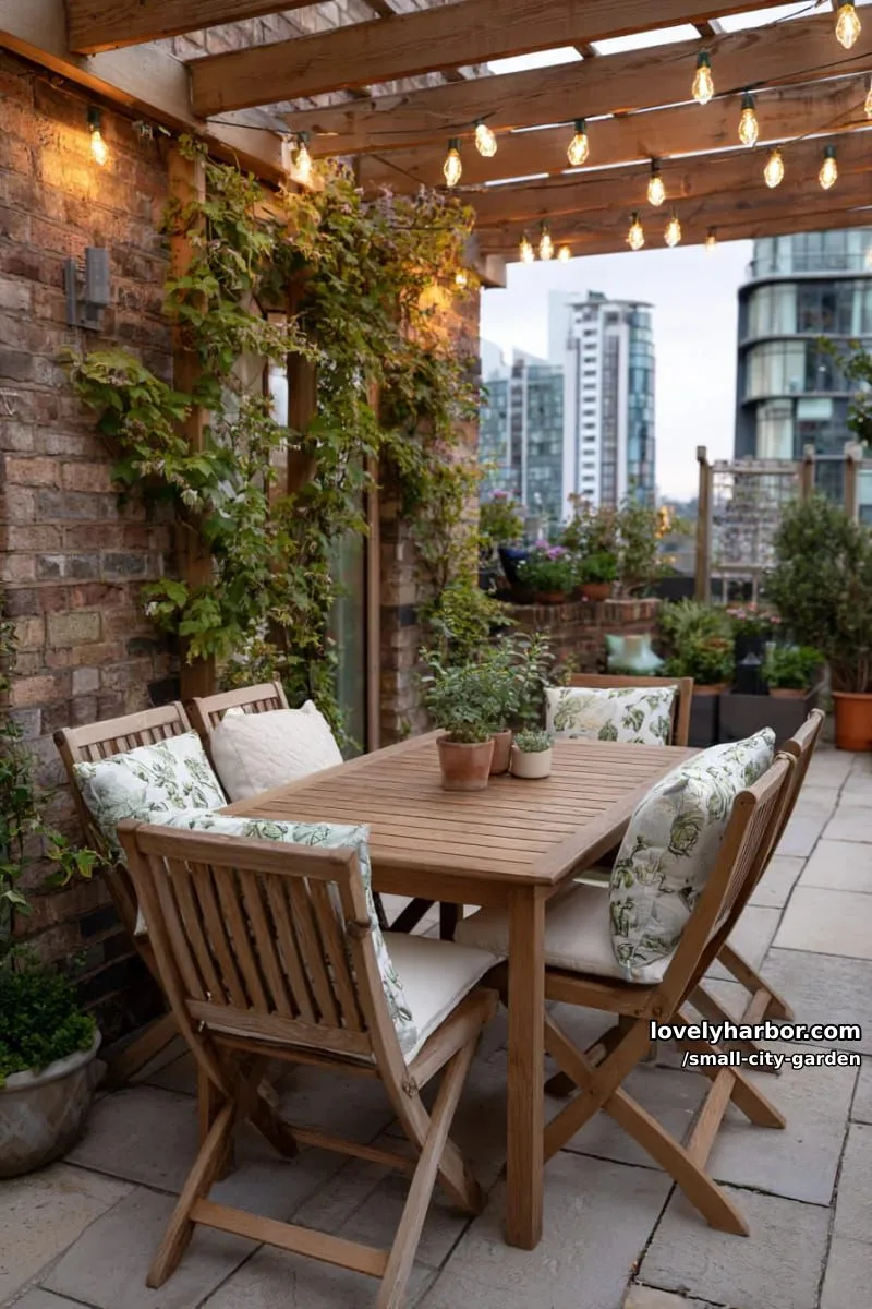 20 Small City Garden To Transform Your Space 51 patio with string lights, wooden table, climbing plants, and botanical cushions. 1