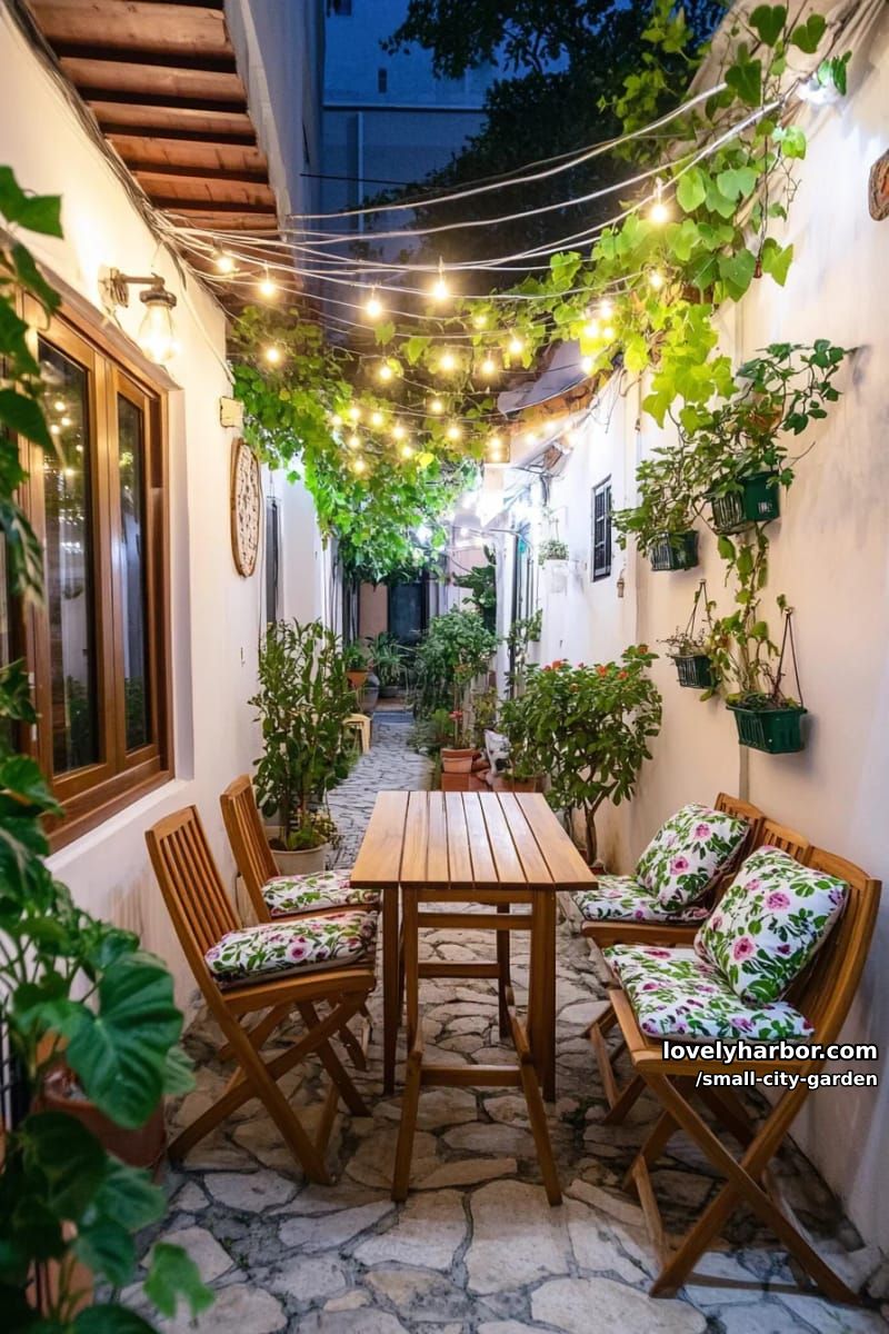 20 Small City Garden To Transform Your Space 53 patio with string lights, wooden table, climbing plants, and botanical cushions. 1
