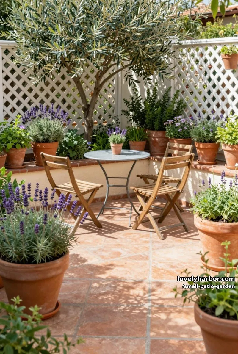patio with terracotta tiles, metal table, herb pots, and olive tree. 1