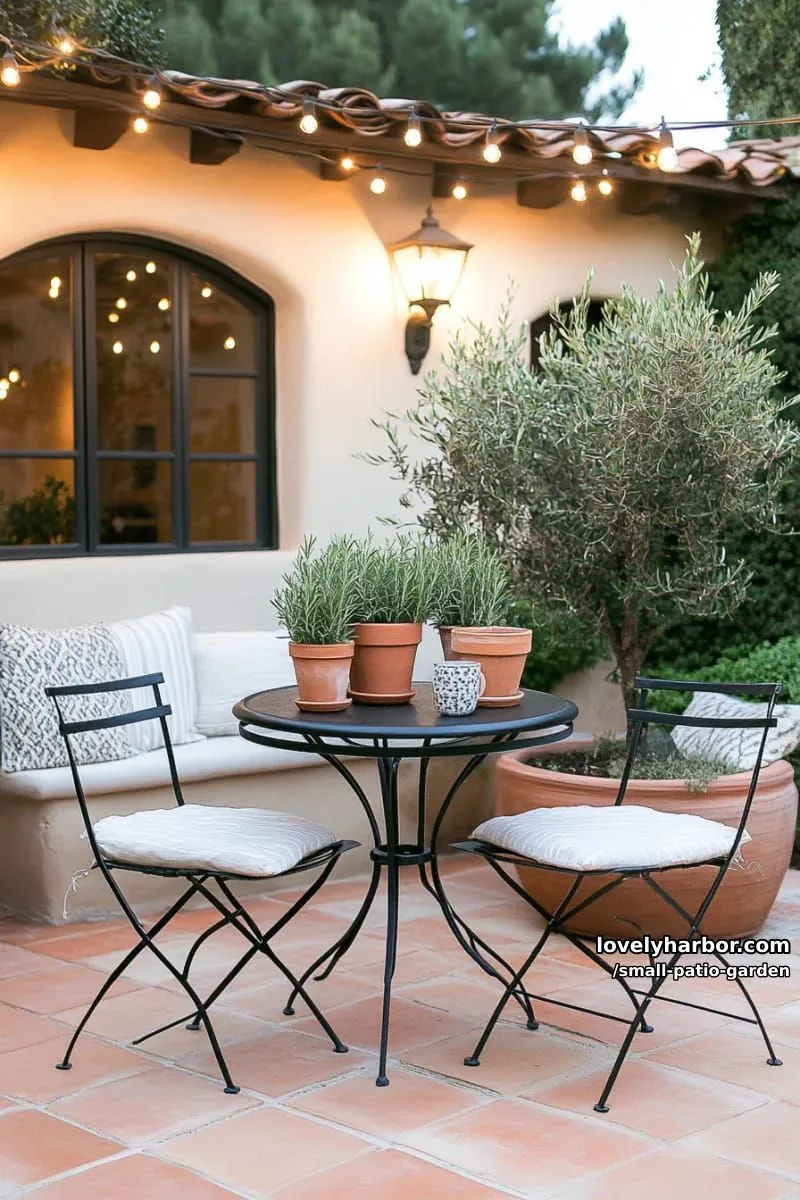 patio with terracotta tiles, metal table, herb pots, and olive tree. 1