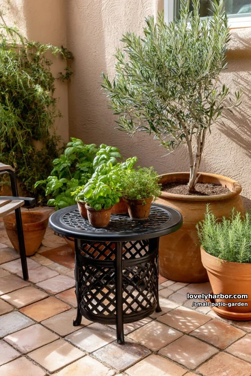 patio with terracotta tiles, metal table, herb pots, and olive tree. 1