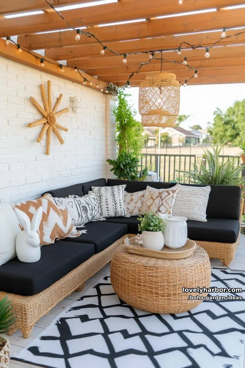 patio with white brick wall, black seating, bamboo pergola, and hanging decor. 1