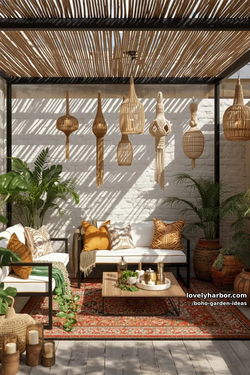 patio with white brick wall, black seating, bamboo pergola, and hanging decor. 1