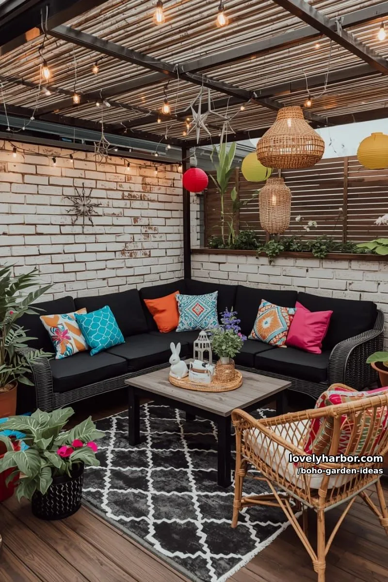patio with white brick wall, black seating, bamboo pergola, and hanging decor. 1