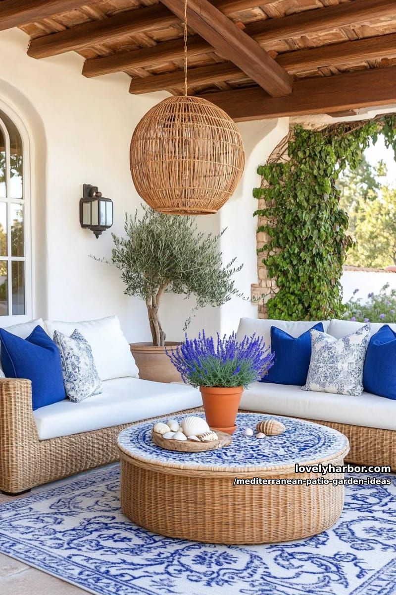 patterned outdoor rug under rattan sofas with blue mediterranean accent pillows 1