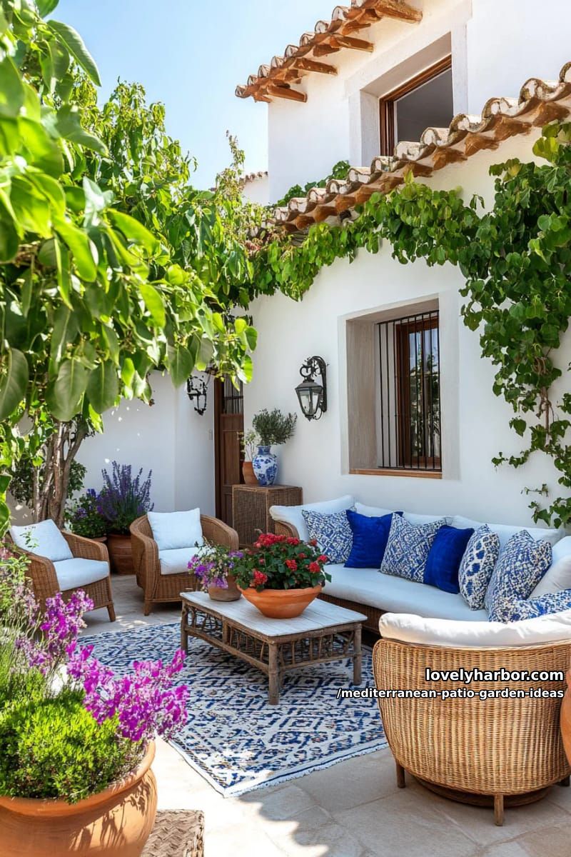 patterned outdoor rug under rattan sofas with blue mediterranean accent pillows 1