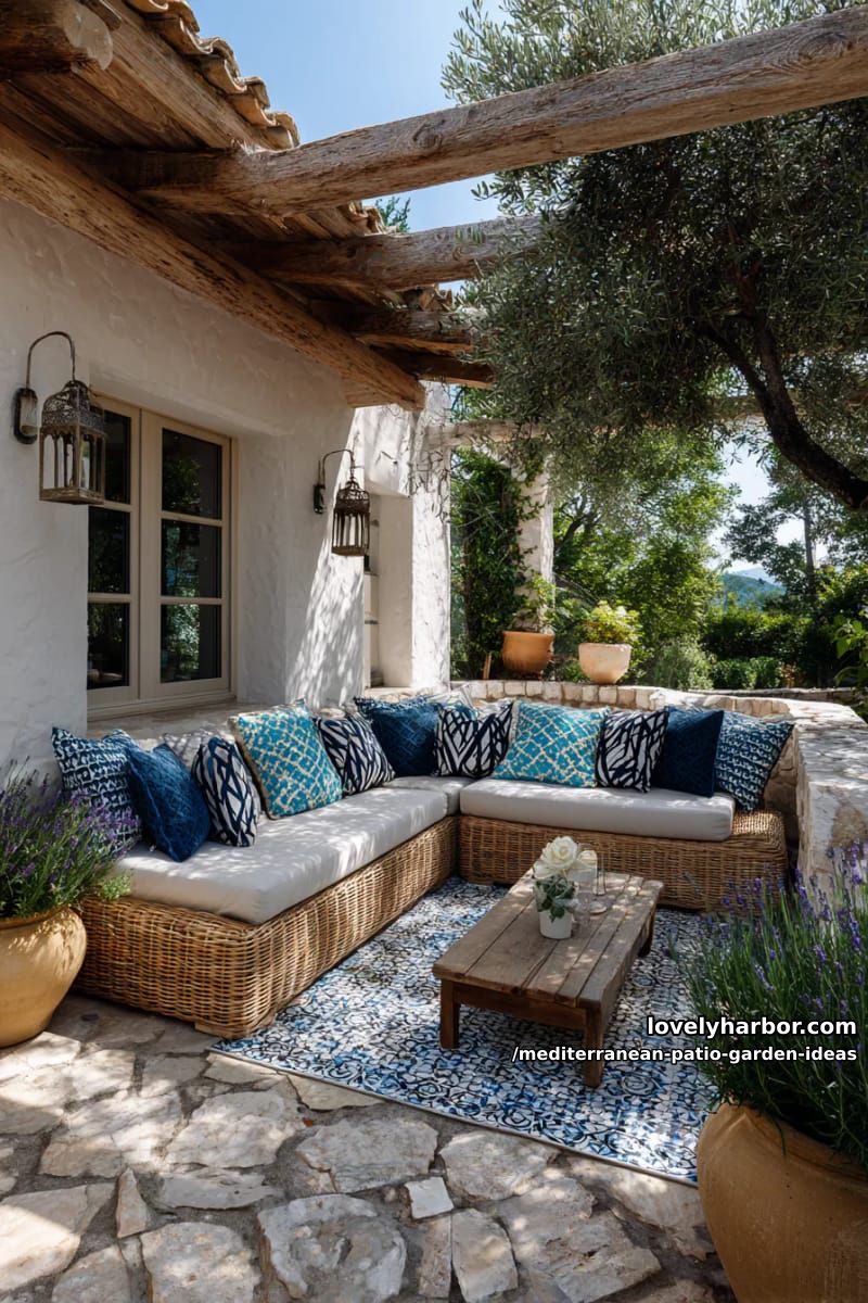 patterned outdoor rug under rattan sofas with blue mediterranean accent pillows 1