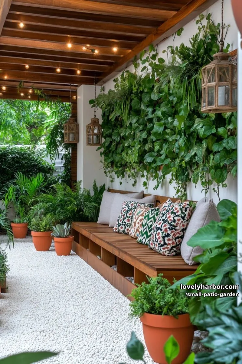 pergola garden, bench with pillows, pebble paths, and vertical plant wall. 1