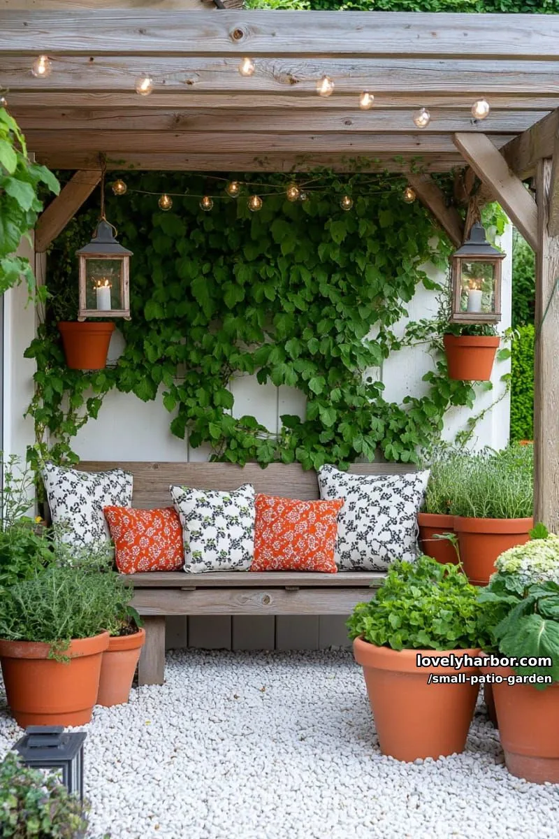 pergola garden, bench with pillows, pebble paths, and vertical plant wall. 1