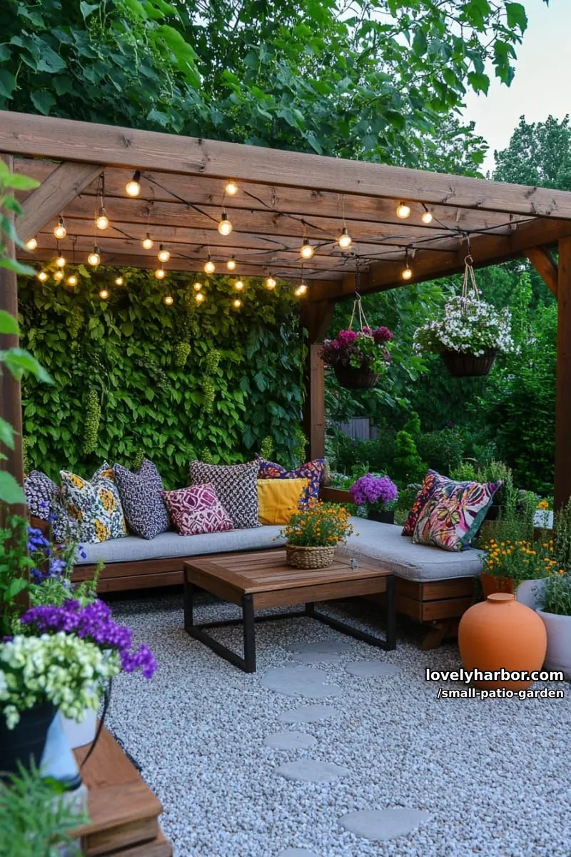 pergola garden, bench with pillows, pebble paths, and vertical plant wall. 1