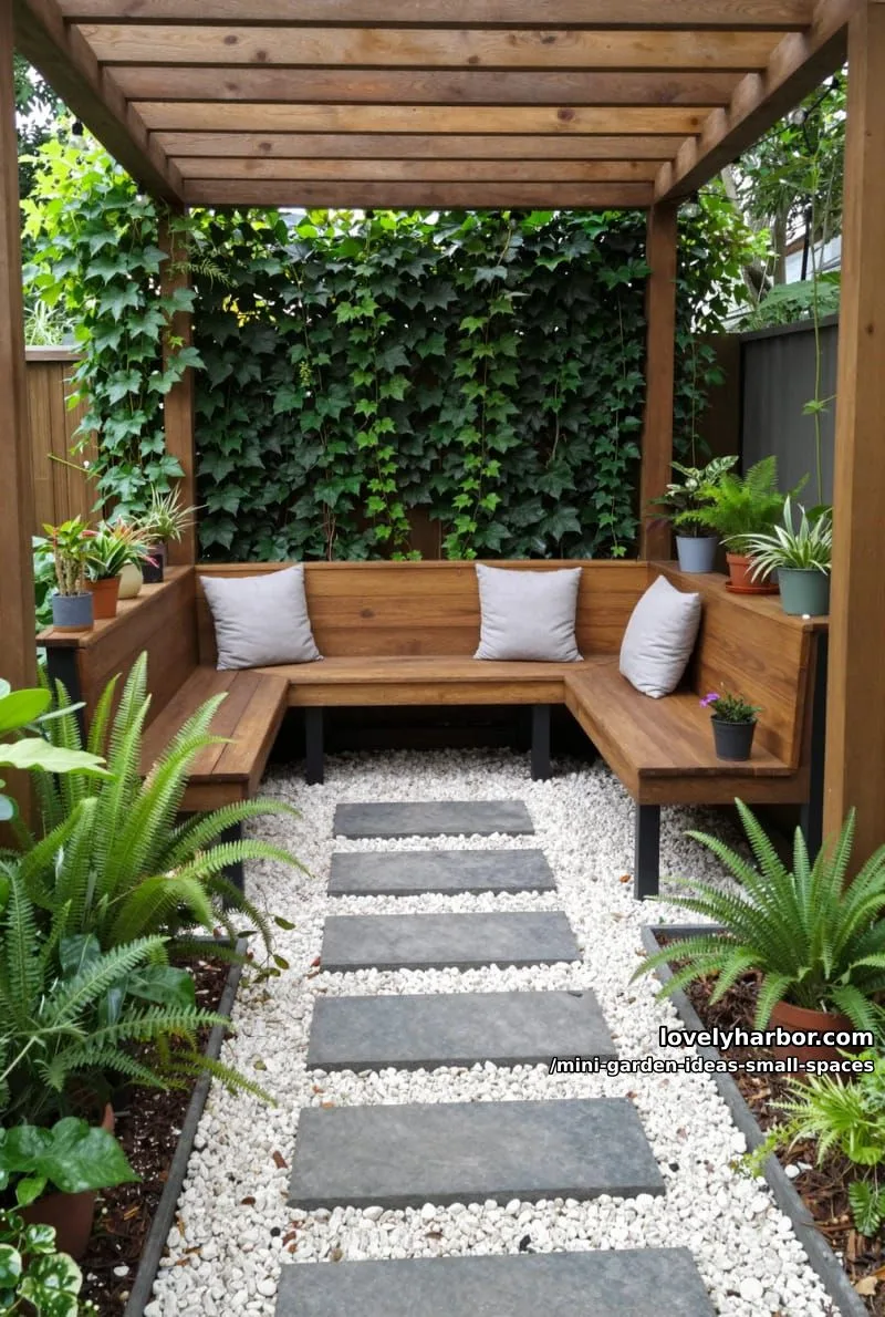 20 Mini Garden Ideas For Small Spaces 29 pergola garden nook with green wall, bench, and string lights. 1