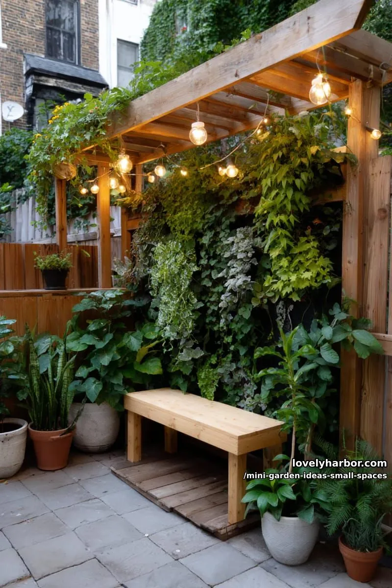 20 Mini Garden Ideas For Small Spaces 30 pergola garden nook with green wall, bench, and string lights. 1