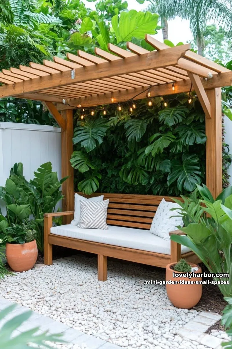 20 Mini Garden Ideas For Small Spaces 31 pergola garden nook with green wall, bench, and string lights. 1