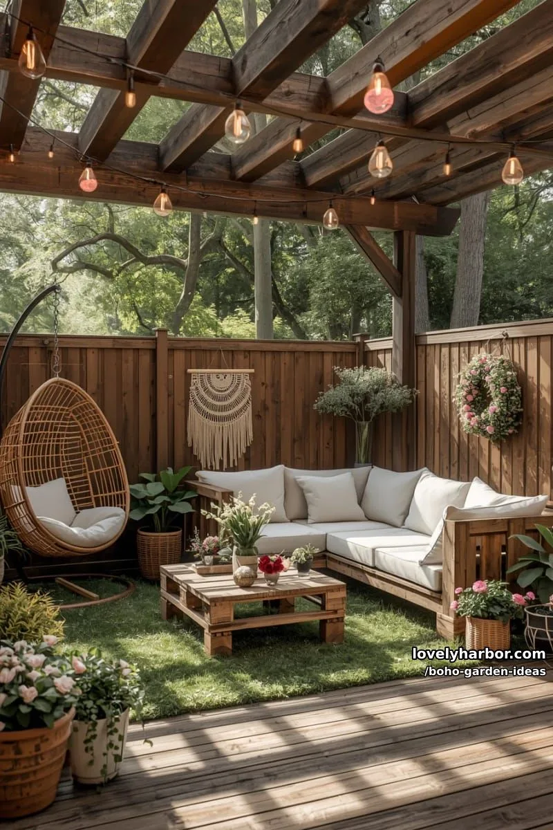 pergola patio with l-shaped sofa, pallet table, rattan chair, and plants. 1