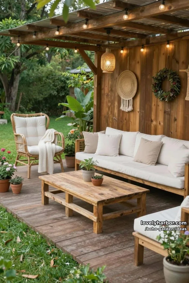 pergola patio with l-shaped sofa, pallet table, rattan chair, and plants. 1