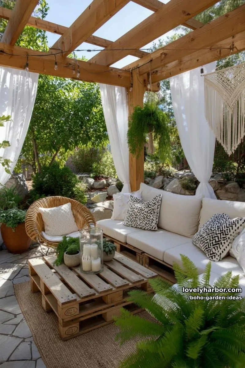 pergola patio with l-shaped sofa, pallet table, rattan chair, and plants. 1