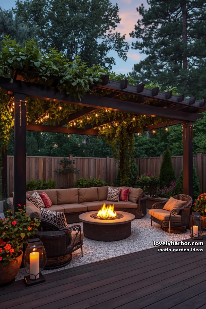 pergola patio with vines, fire pit, sectional sofa, and ambient lighting. 1