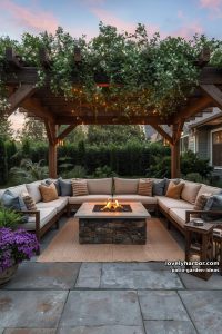 pergola patio with vines, fire pit, sectional sofa, and ambient lighting. 42