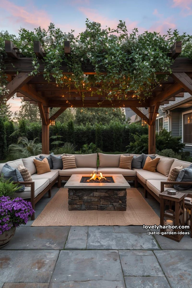pergola patio with vines, fire pit, sectional sofa, and ambient lighting. 1