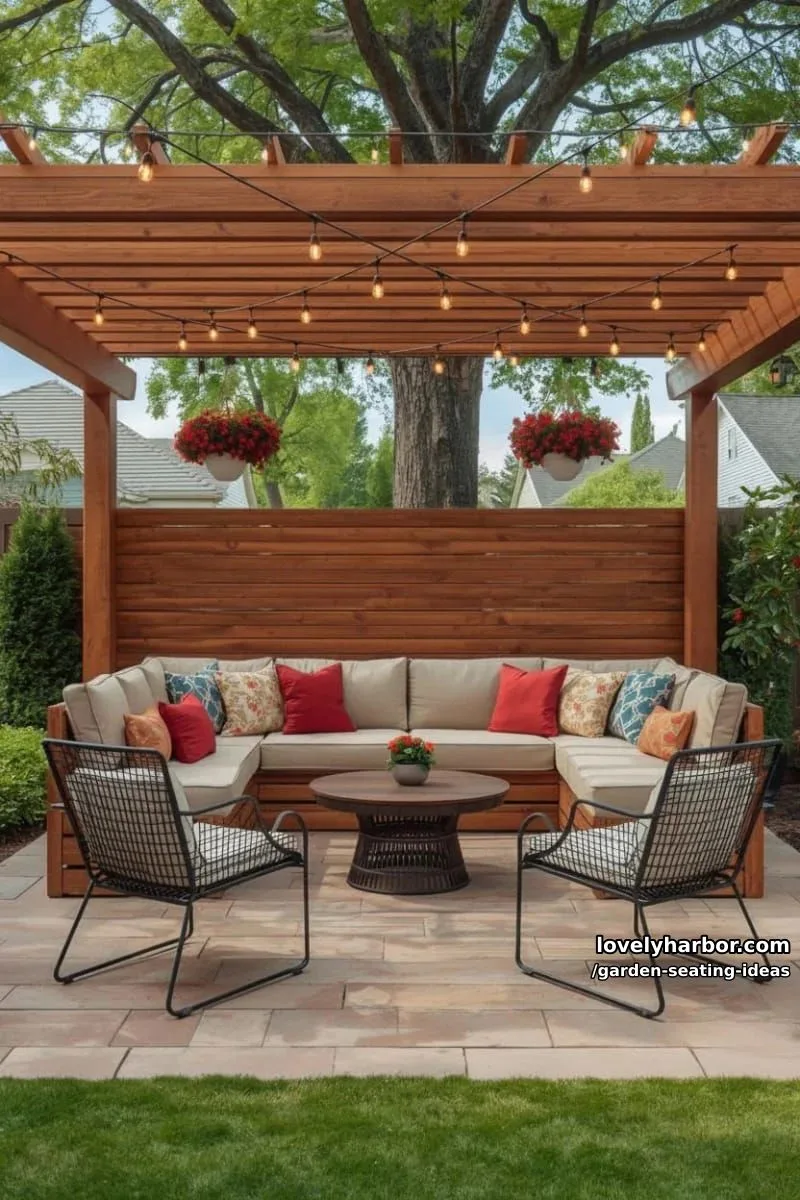 pergola with bench seating, colorful pillows, string lights, and red flowers 1