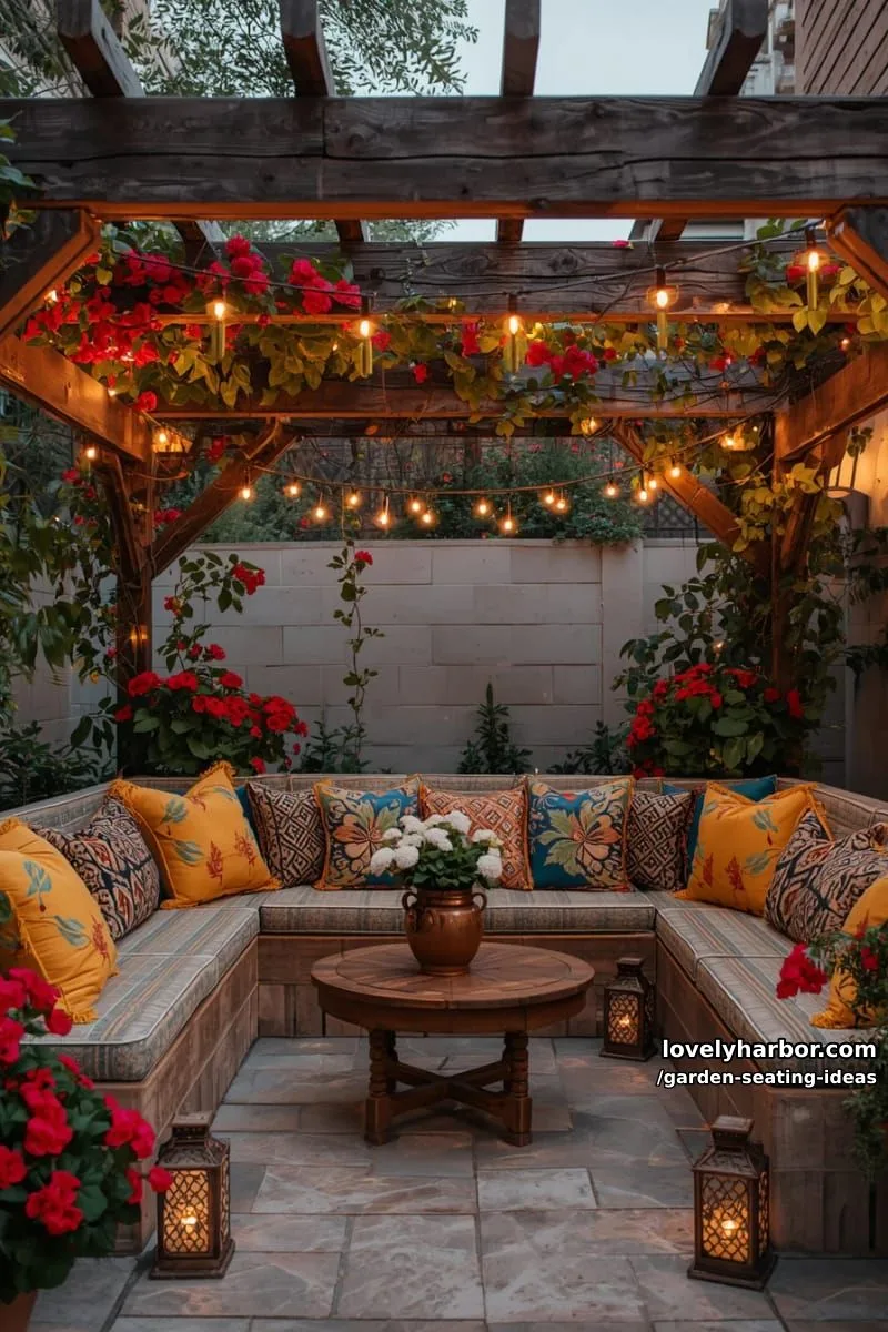 pergola with bench seating, colorful pillows, string lights, and red flowers 1