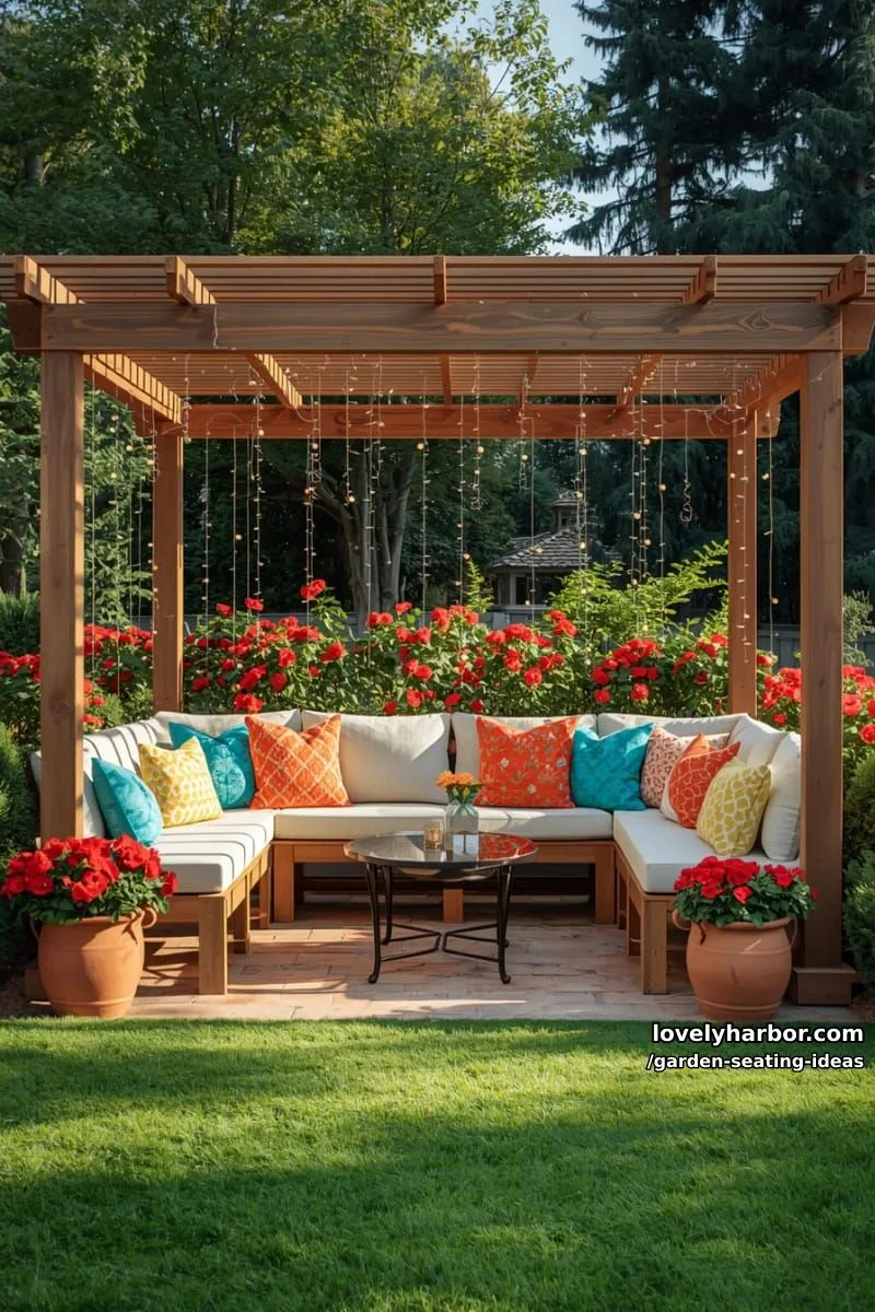 pergola with bench seating, colorful pillows, string lights, and red flowers 1