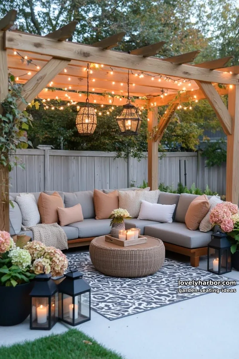 pergola with fairy lights, gray sectional, rug, lanterns, and climbing vines 1