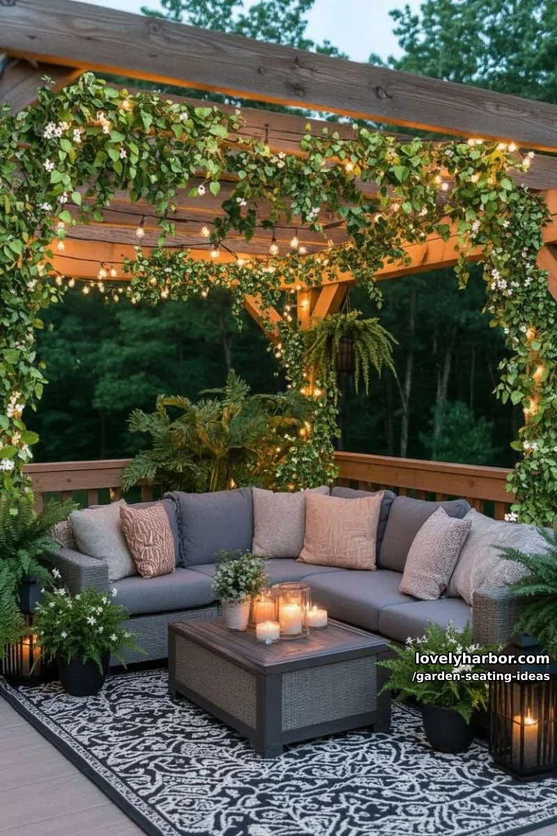 pergola with fairy lights, gray sectional, rug, lanterns, and climbing vines 1