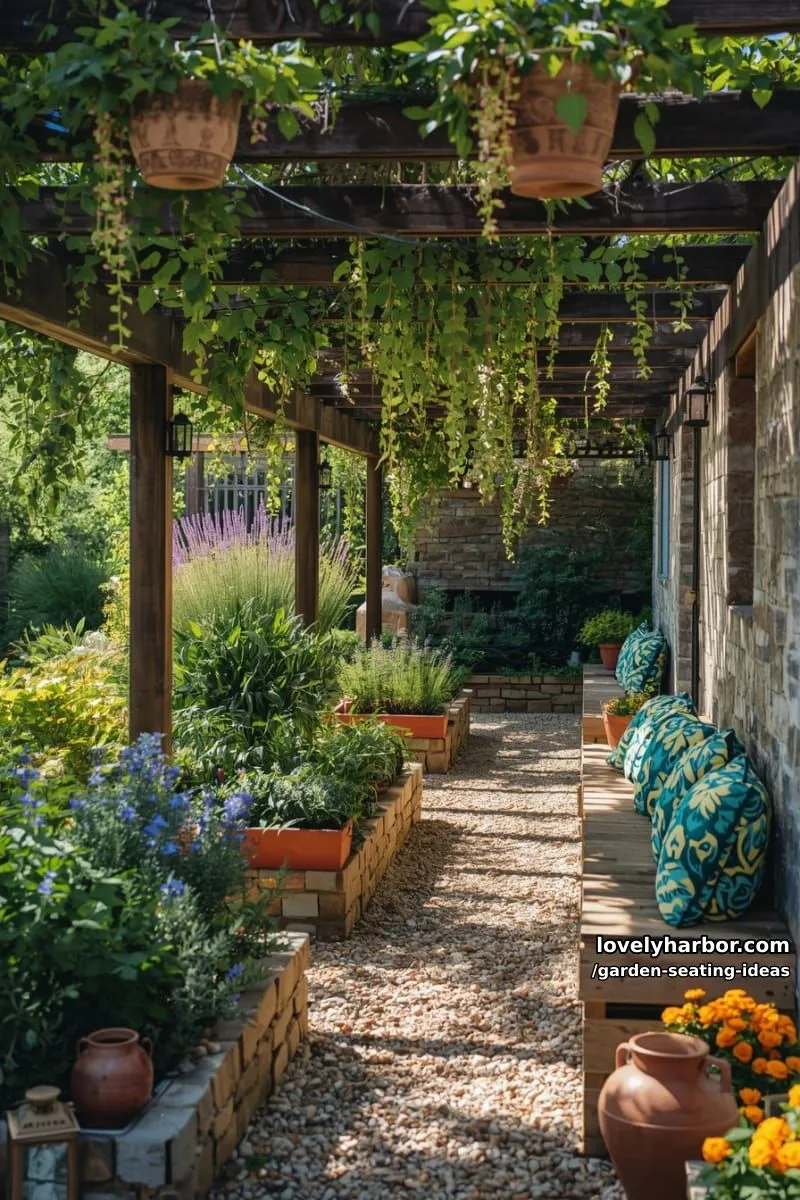 pergola with hanging plants, wooden bench, pebble path, and raised beds 1