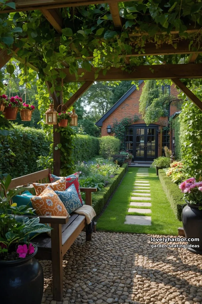 pergola with hanging plants, wooden bench, pebble path, and raised beds 1