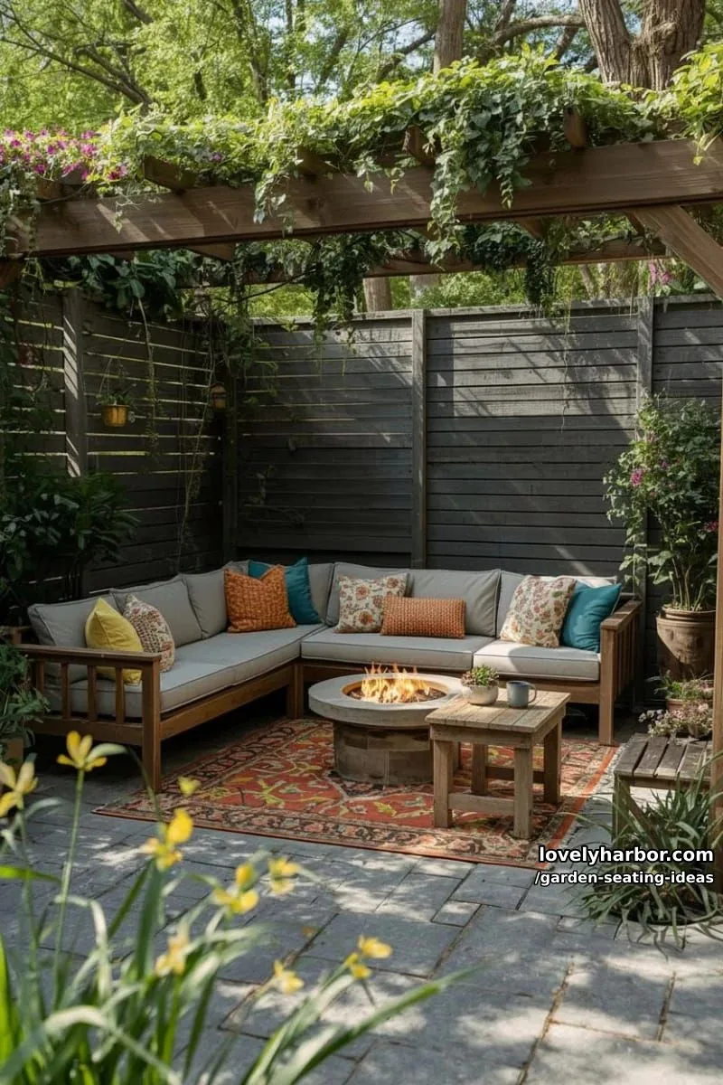 pergola with vines, cushioned bench, fire pit, wooden coffee table, and rug 1