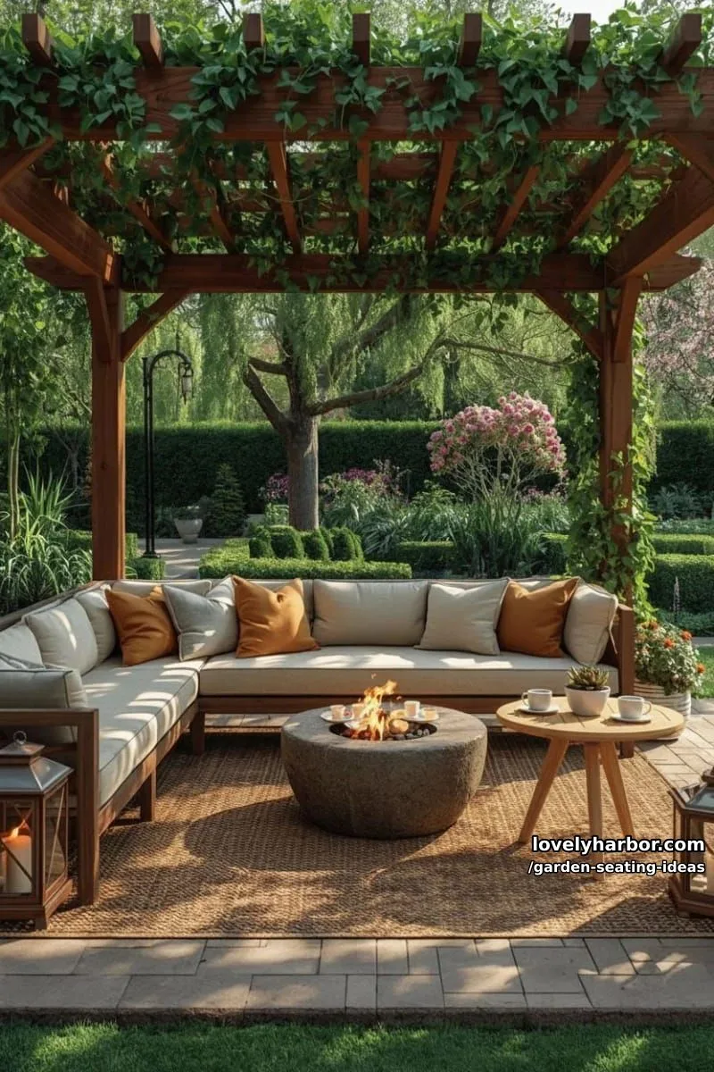 pergola with vines, cushioned bench, fire pit, wooden coffee table, and rug 1