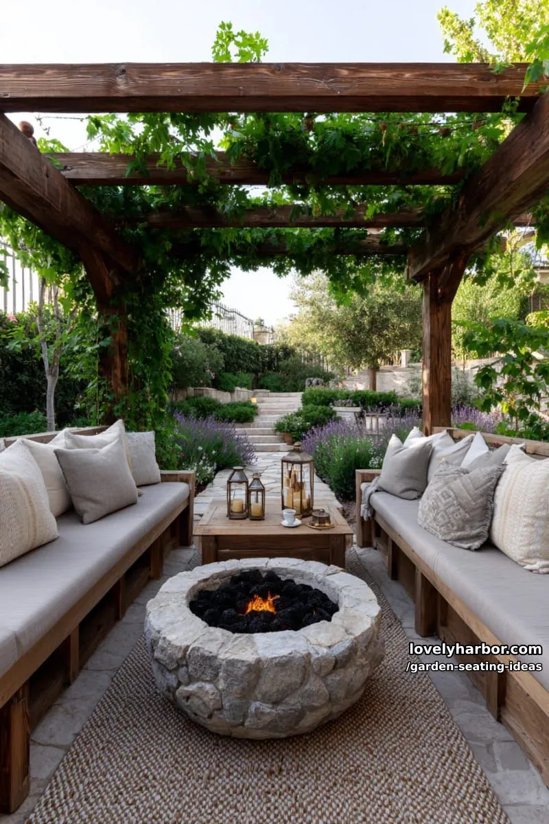 pergola with vines, cushioned bench, fire pit, wooden coffee table, and rug 1