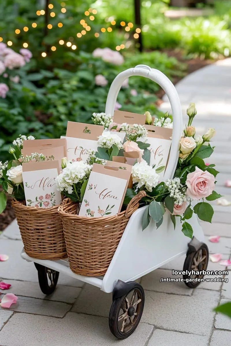 personalized seed packet favors arranged on a garden cart for guests 1