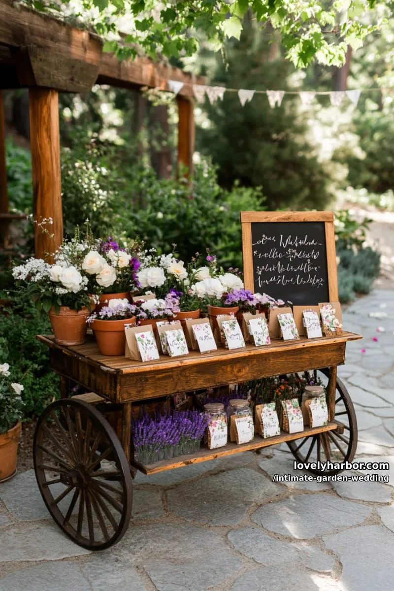 personalized seed packet favors arranged on a garden cart for guests 1