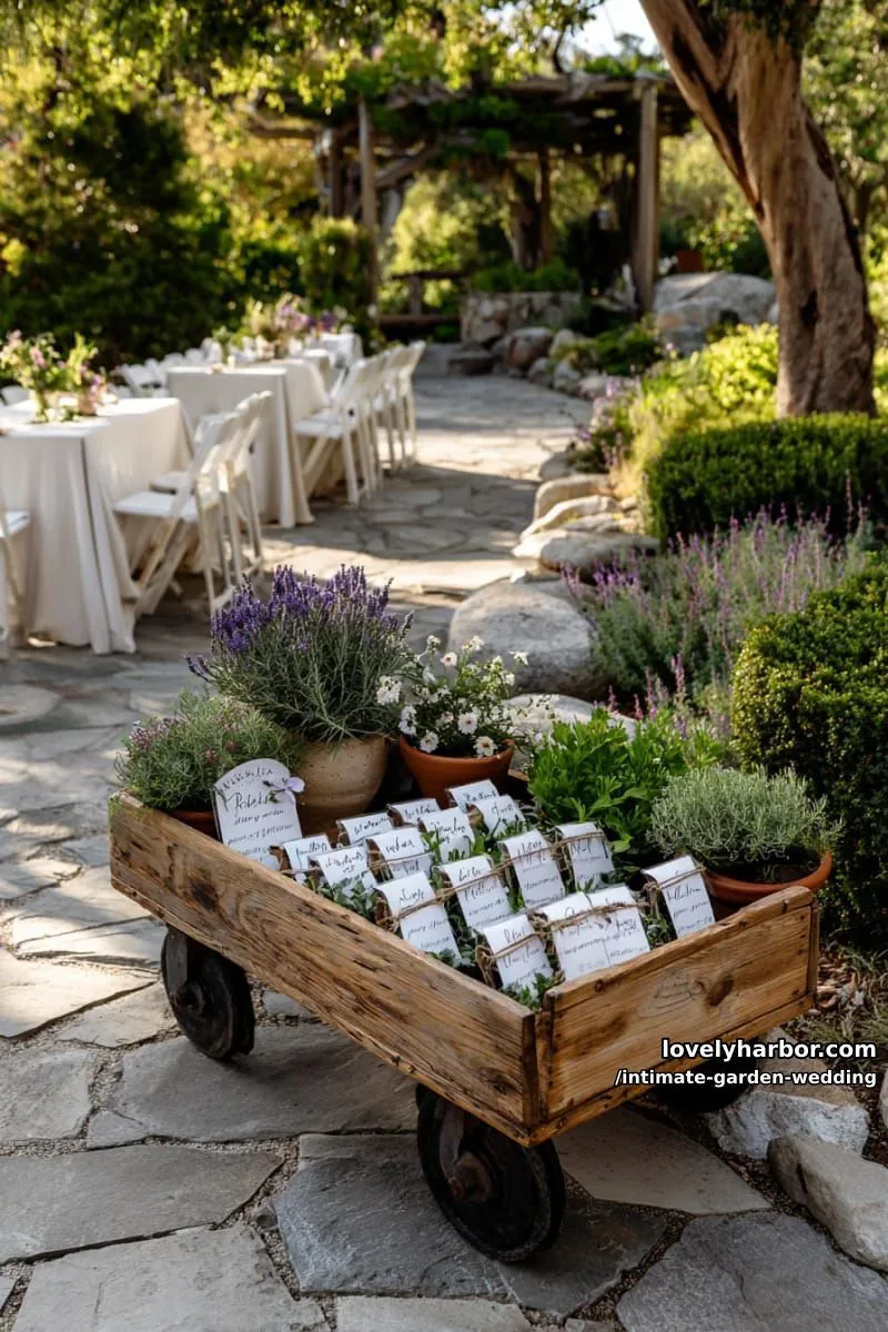 personalized seed packet favors arranged on a garden cart for guests 1