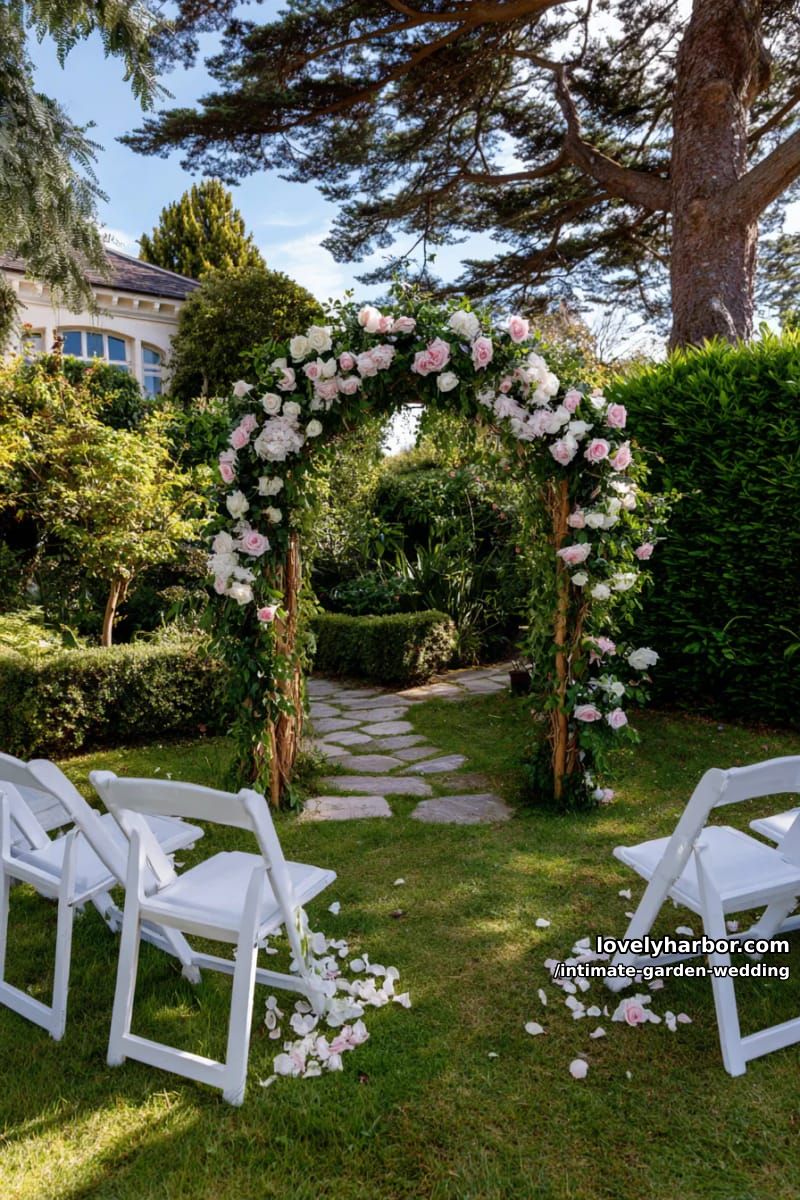petite flower arch covered in climbing roses and lush greenery 1