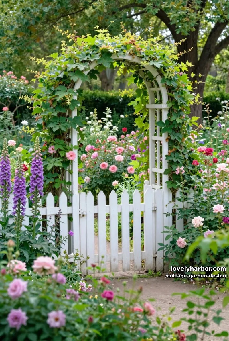 picket fence cottage garden path with trellis, roses, and tranquil sunlight 1