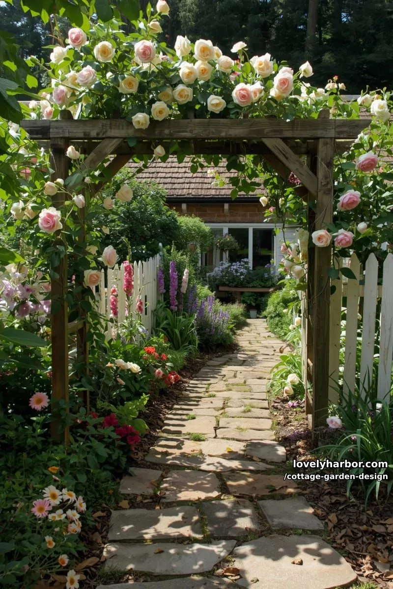 picket fence cottage garden path with trellis, roses, and tranquil sunlight 1