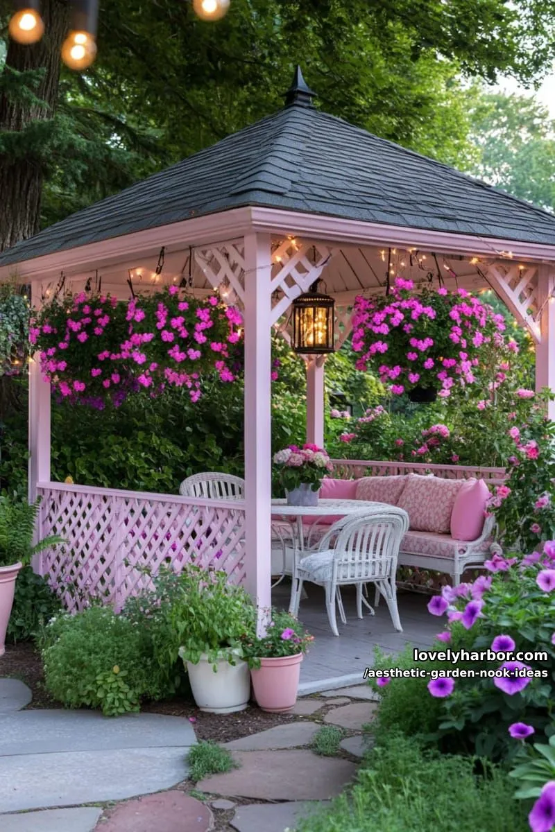 15 Aesthetic Garden Nook Ideas to Inspire Your Outdoor Escape 41 pink lattice gazebo with twinkling lights and cascading petunias 1